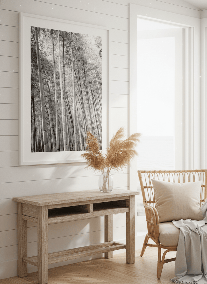 Neutral wall art displayed in a sunny coastal beach house