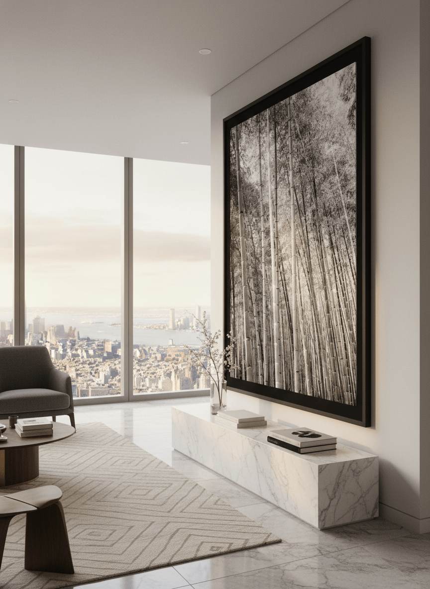 Monumental artwork centred on a feature wall in a luxe interior