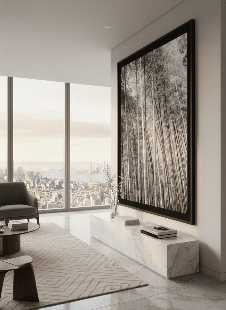 Monumental artwork centred on a feature wall in a luxe interior