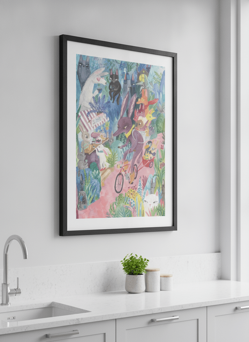 Artwork styled on the wall of a bright modern kitchen