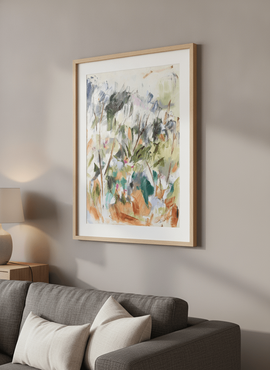 Modern wall art styled above a sofa in a neutral living room