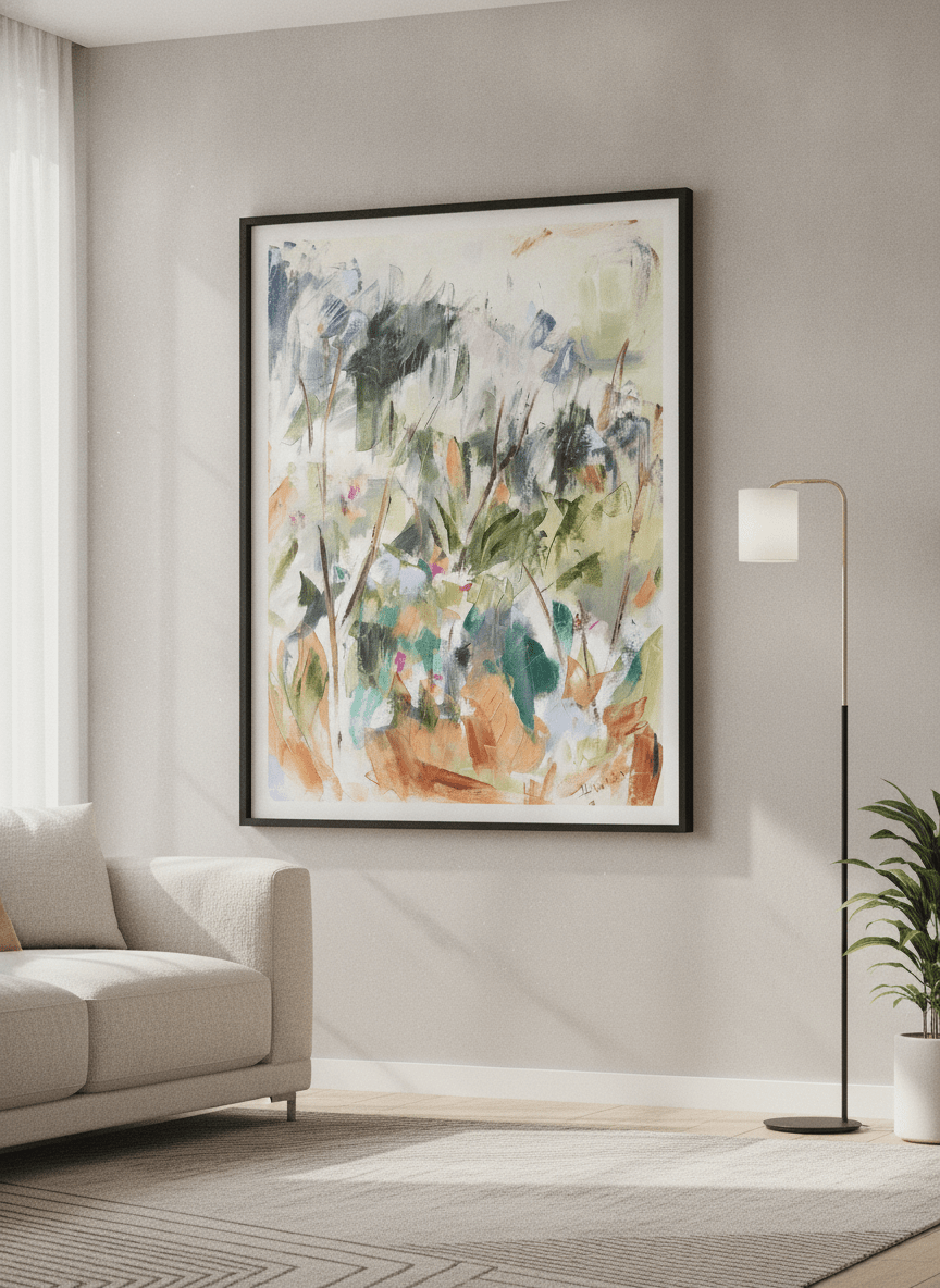 Modern wall art styled above a sofa in a neutral living room