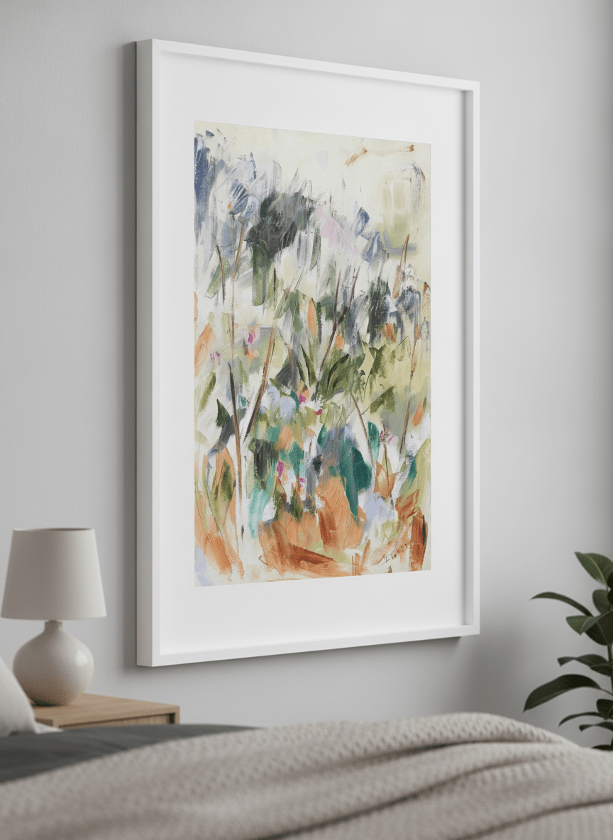 Minimalist artwork displayed in a calm, light-filled bedroom interior