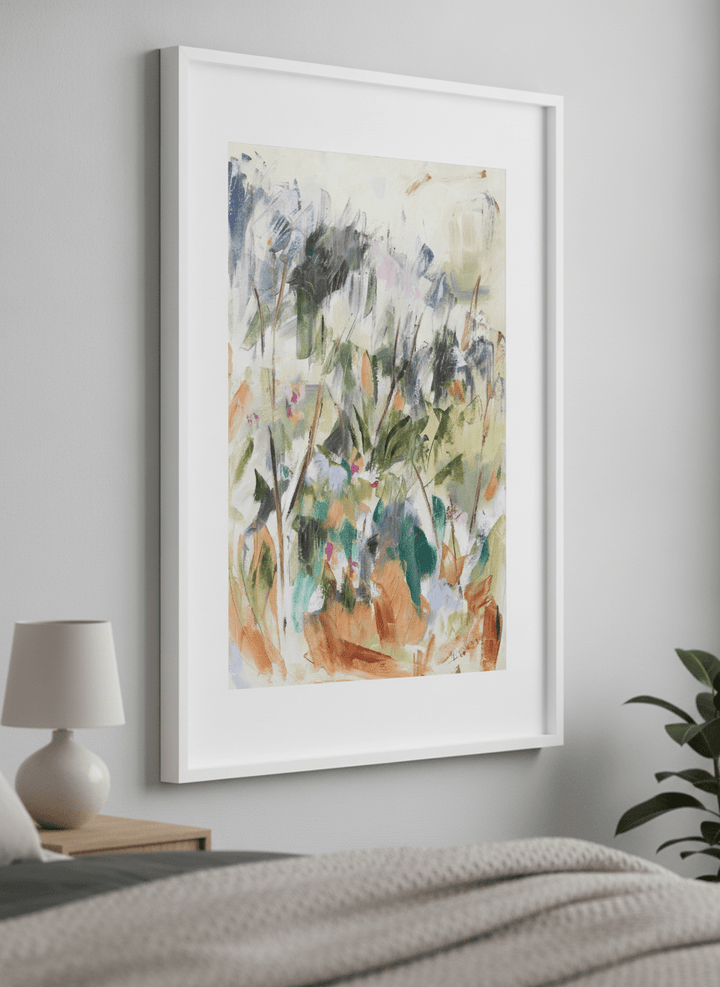 Minimalist artwork displayed in a calm, light-filled bedroom interior