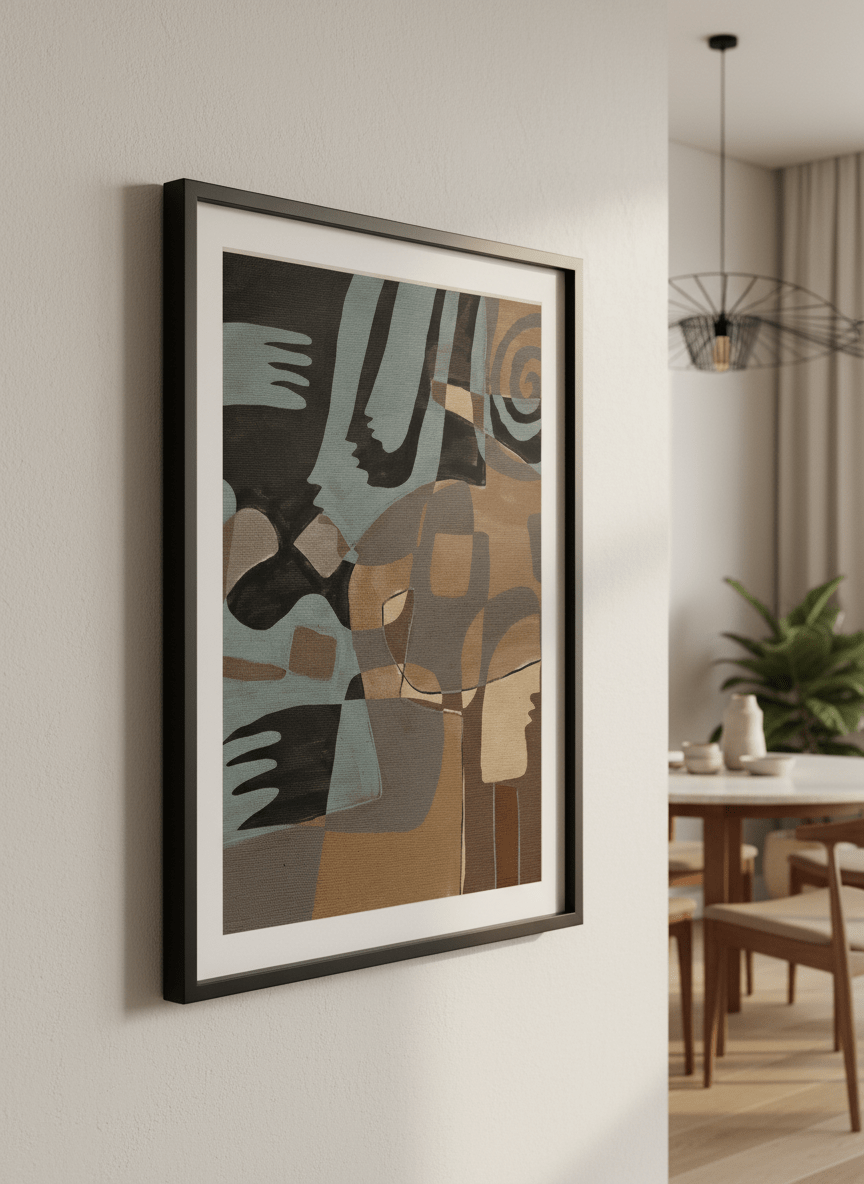 Wall art styled above a dining table in a contemporary home