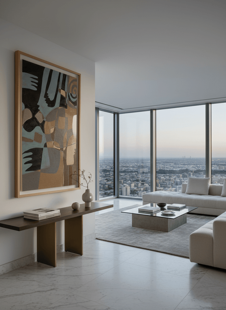 Monumental artwork centred on a feature wall in a luxe interior