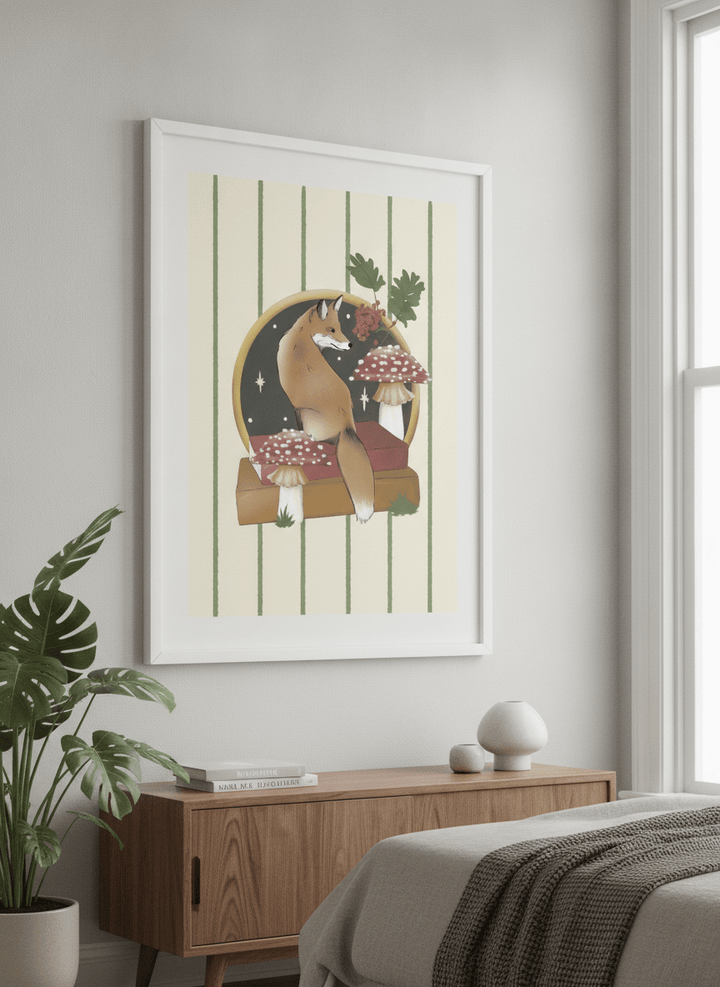 Minimalist artwork displayed in a calm, light-filled bedroom interior