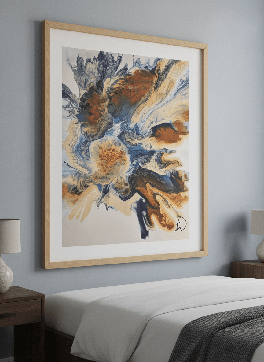 Minimalist artwork displayed in a calm, light-filled bedroom interior