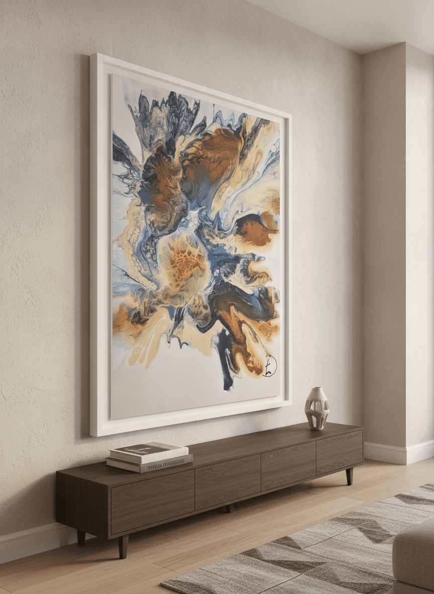 Monumental artwork centred on a feature wall in a luxe interior