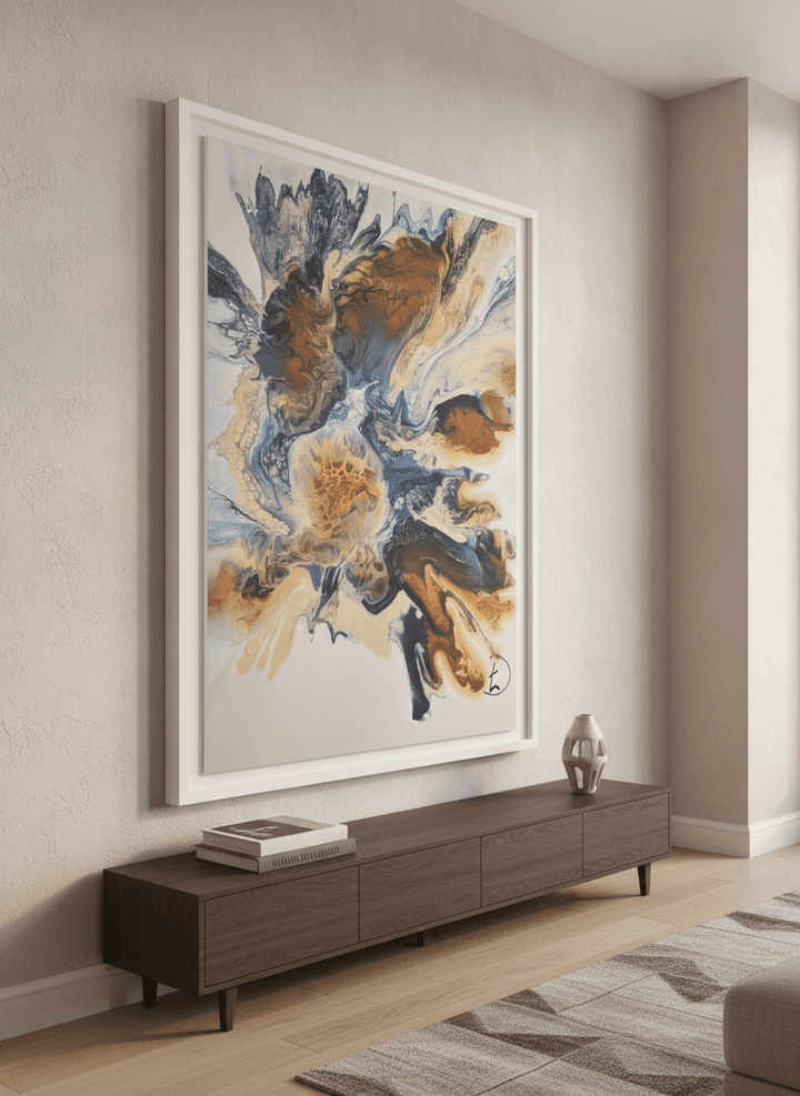 Monumental artwork centred on a feature wall in a luxe interior