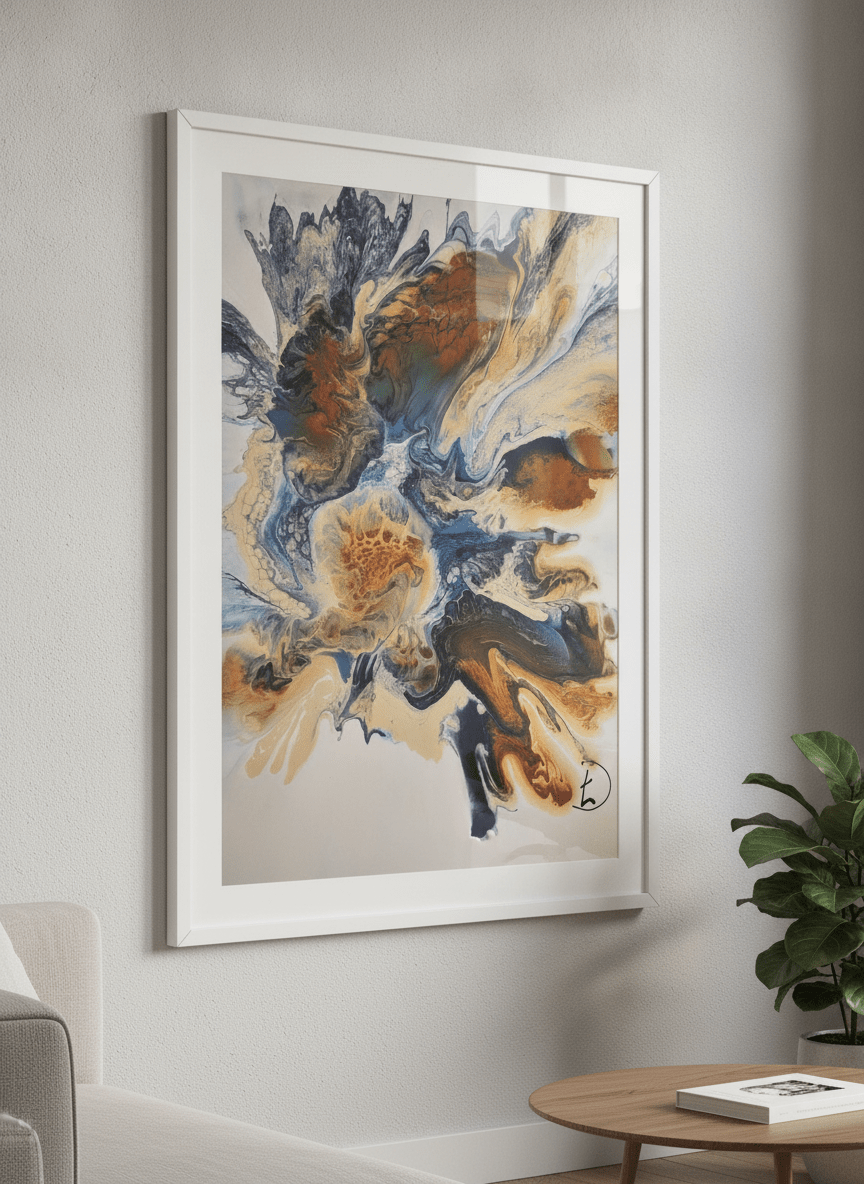 Modern wall art styled above a sofa in a neutral living room