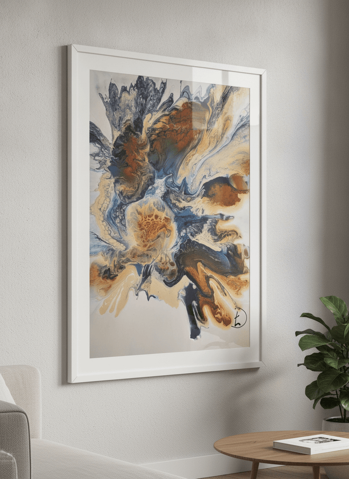 Modern wall art styled above a sofa in a neutral living room