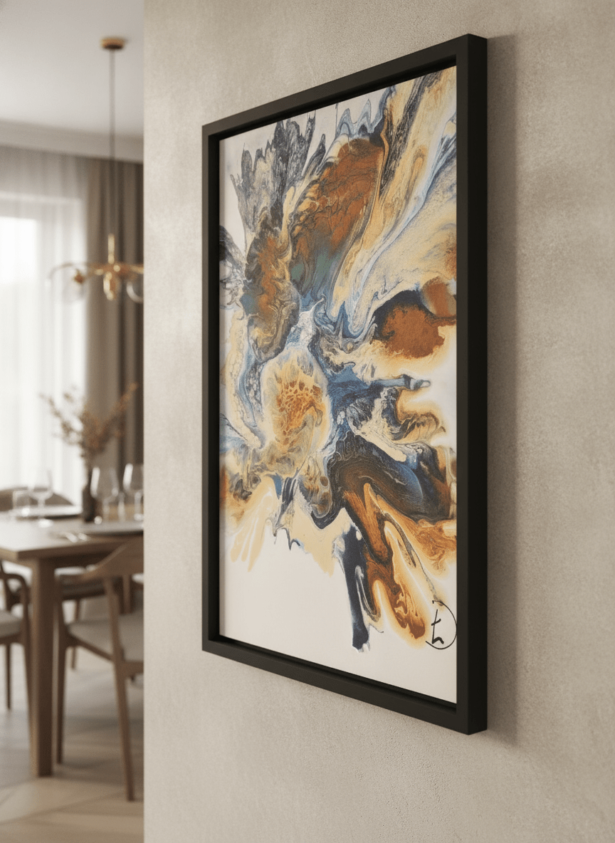 Wall art styled above a dining table in a contemporary home