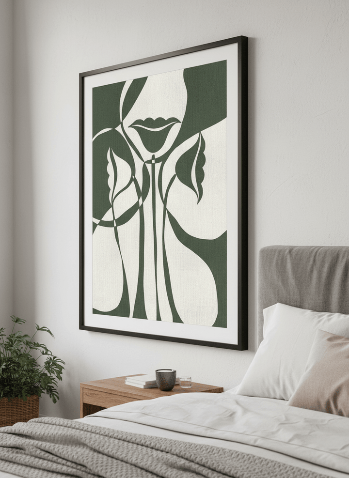 Minimalist artwork displayed in a calm, light-filled bedroom interior