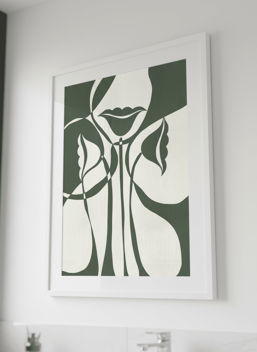Modern print displayed in a clean minimalist bathroom setting