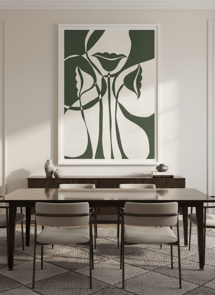 Monumental artwork centred on a feature wall in a luxe interior
