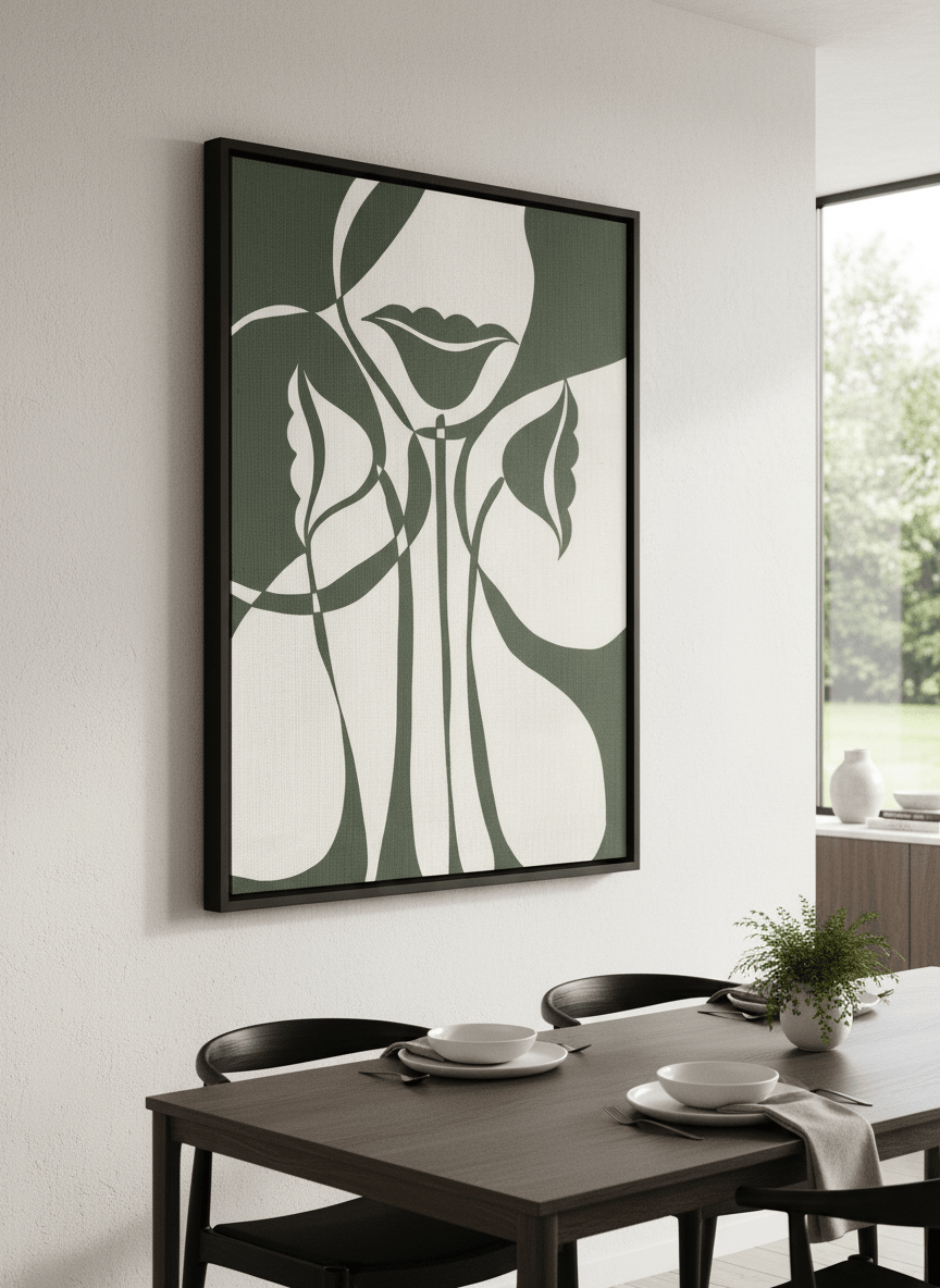 Wall art styled above a dining table in a contemporary home