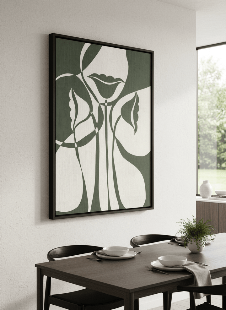Wall art styled above a dining table in a contemporary home