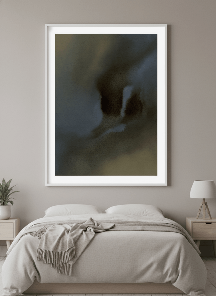 Minimalist artwork displayed in a calm, light-filled bedroom interior