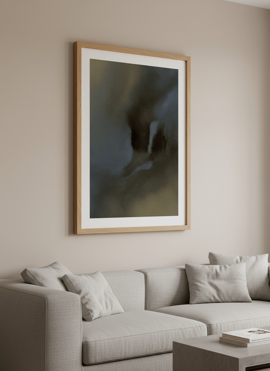 Modern wall art styled above a sofa in a neutral living room