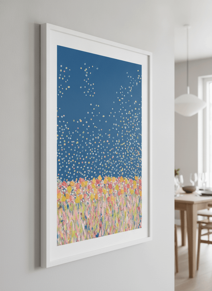 Wall art styled above a dining table in a contemporary home