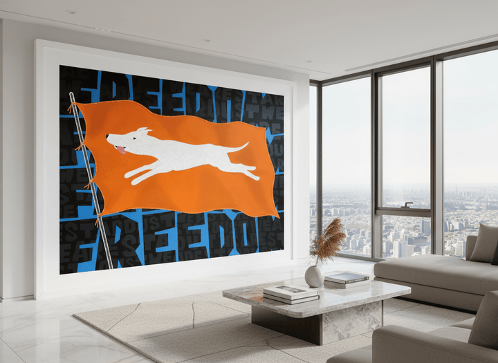 Monumental artwork centred on a feature wall in a luxe interior