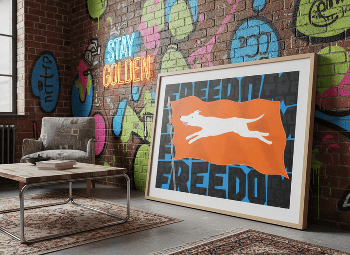 Bold wall art styled in a colourful, eclectic modern home
