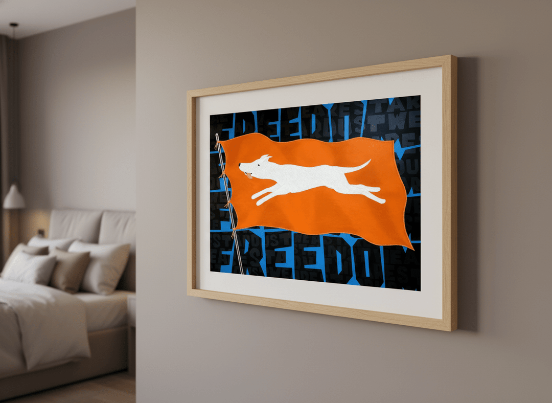 Minimalist artwork displayed in a calm, light-filled bedroom interior