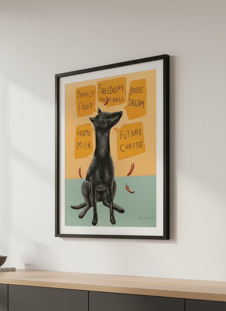 Artwork styled on the wall of a bright modern kitchen