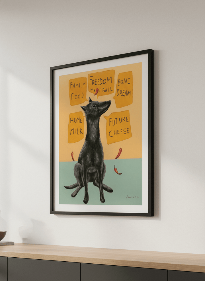 Artwork styled on the wall of a bright modern kitchen