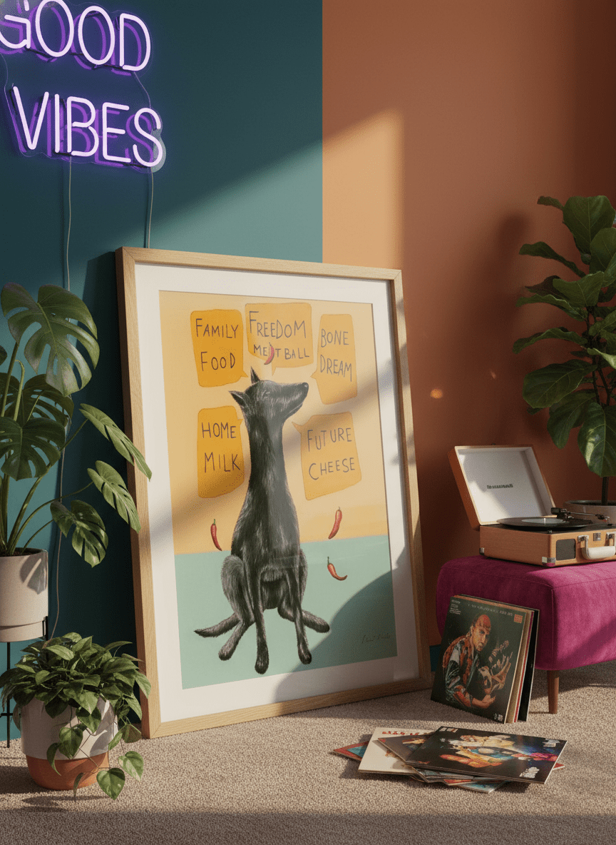 Bold wall art styled in a colourful, eclectic modern home