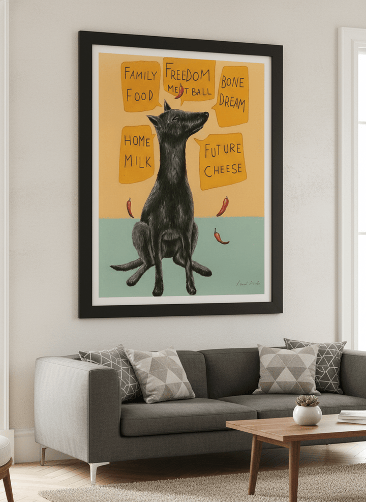 Modern wall art styled above a sofa in a neutral living room