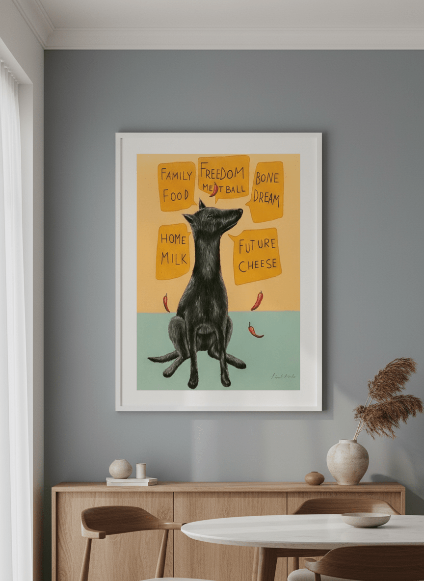 Wall art styled above a dining table in a contemporary home