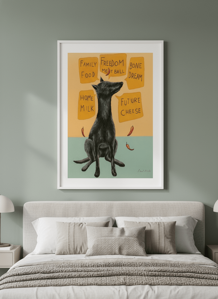 Minimalist artwork displayed in a calm, light-filled bedroom interior