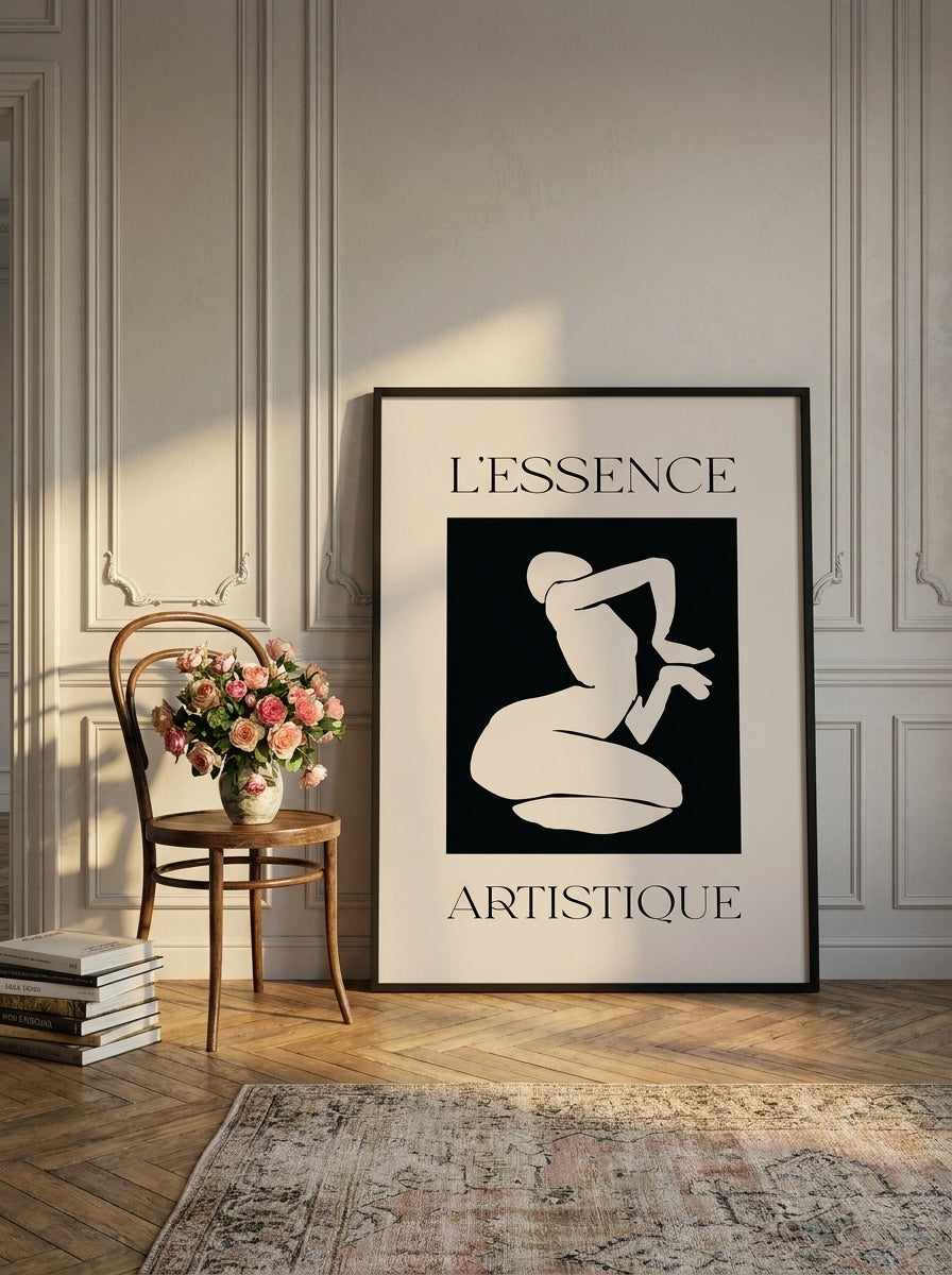 Oversized statement modern wall art print leaning against the wall in a Parisian bedroom