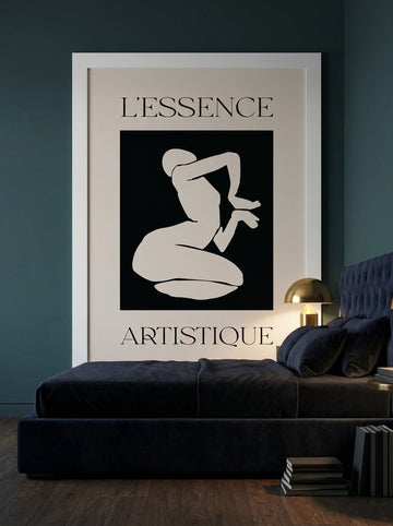Modern wall art print styled on the wall in a moody bedroom