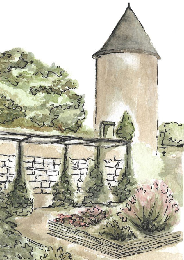 Illustration of a small tower with a garden and stone wall in the foreground framed