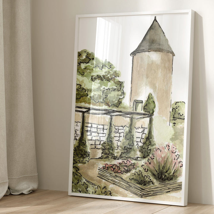 Artwork of a garden scene with a tower on a wall.