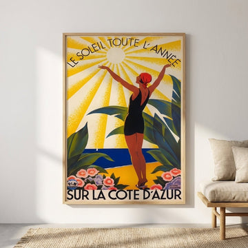 French Riviera Art Deco Poster Woman Sunbathing Vintage wall - art - picture - poster