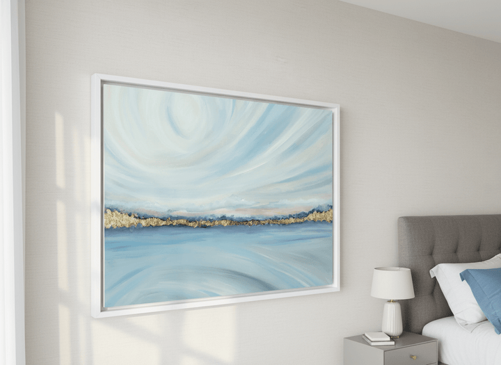Minimalist artwork displayed in a calm, light-filled bedroom interior