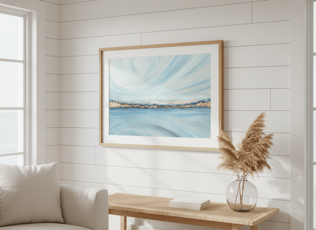 Neutral wall art displayed in a sunny coastal beach house