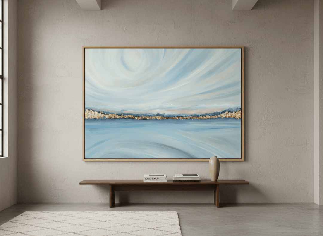 Monumental artwork centred on a feature wall in a luxe interior