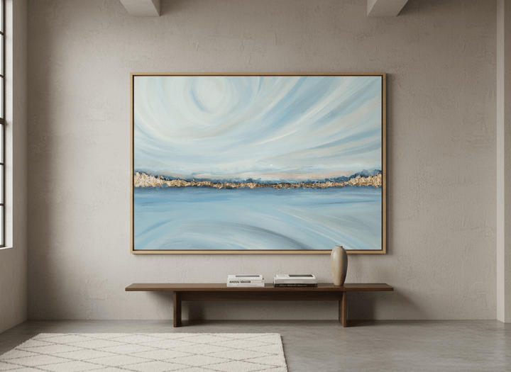 Monumental artwork centred on a feature wall in a luxe interior
