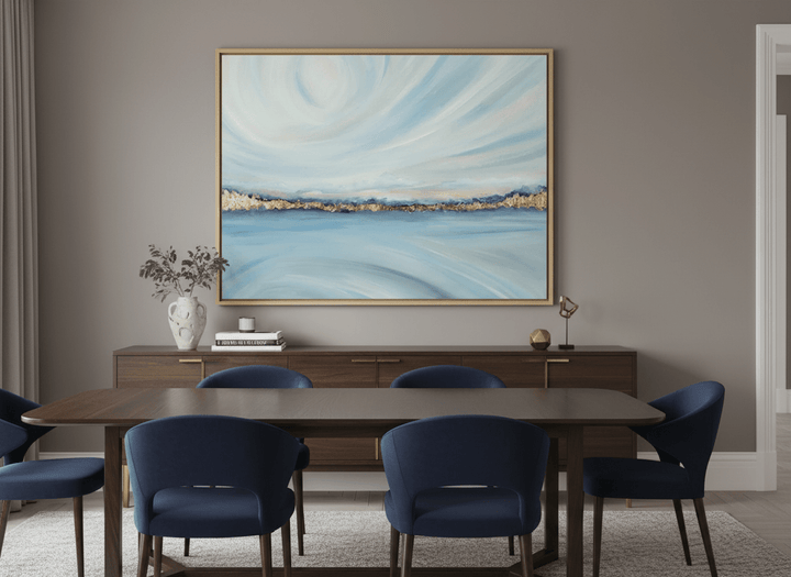 Monumental artwork centred on a feature wall in a luxe interior