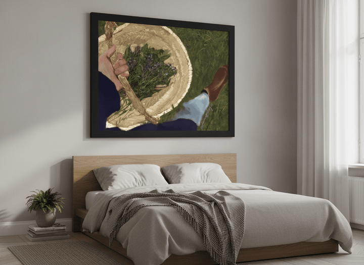 Minimalist artwork displayed in a calm, light-filled bedroom interior