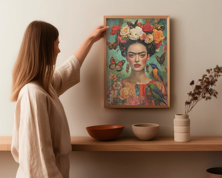 Frida Kahlo Butterfly Dreams Wall Art Print,livingroom,timber border