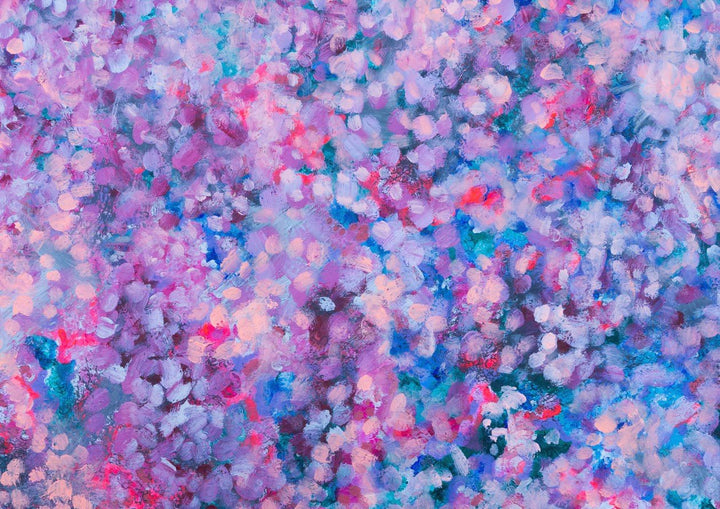 Abstract art with pink, blue, and purple colors framed