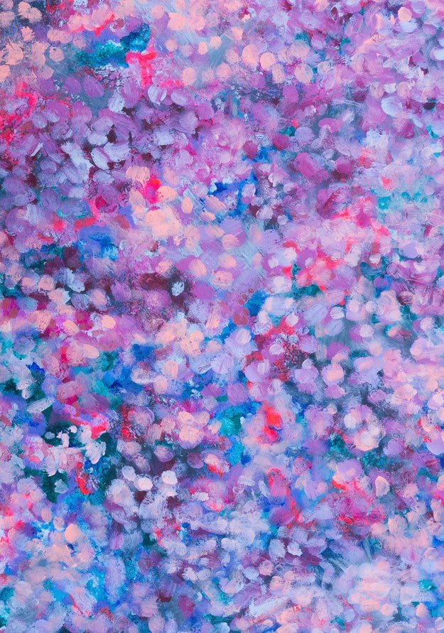 Colorful confetti pattern with pink, blue, and purple hues. framed