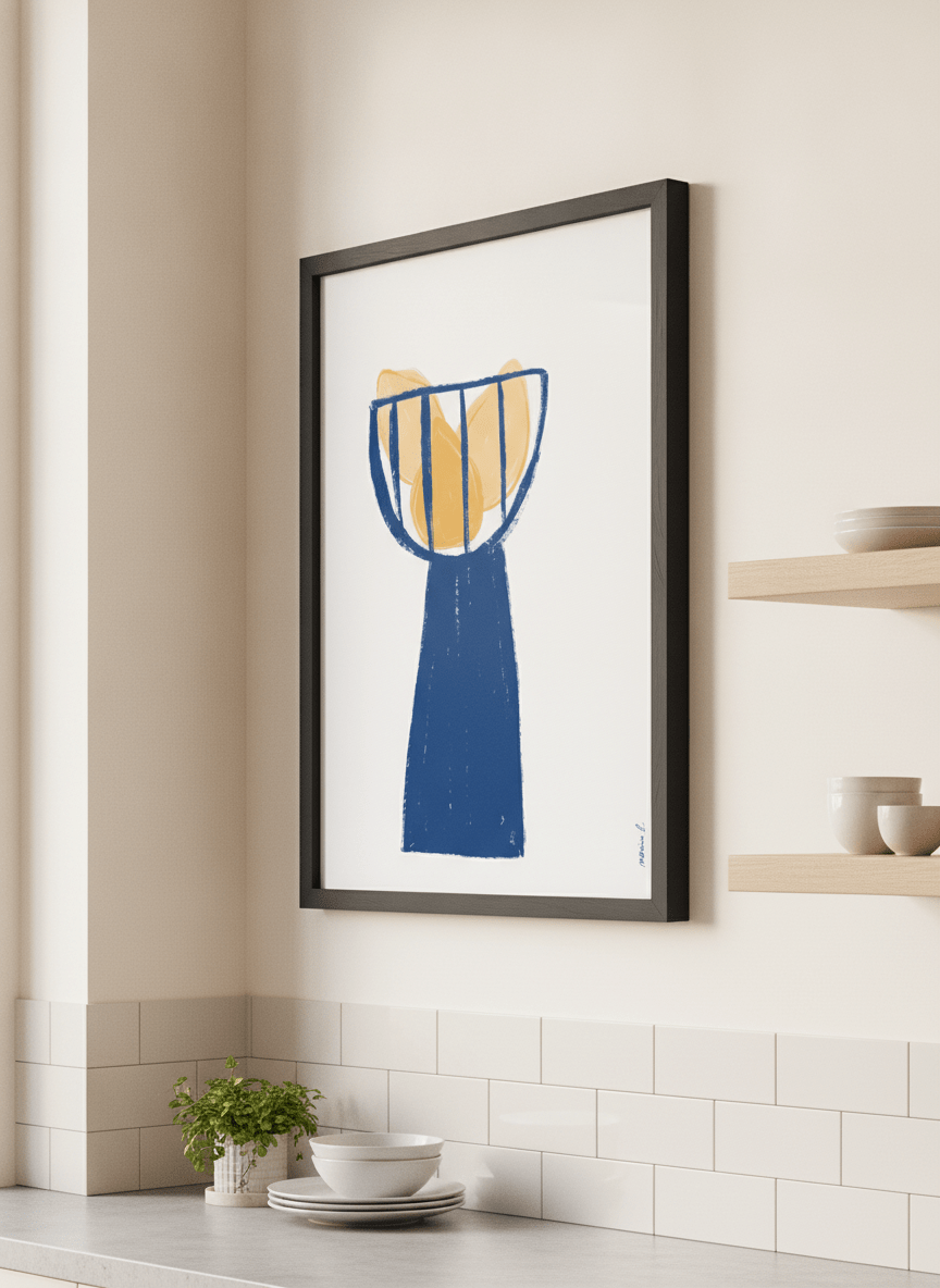 Artwork styled on the wall of a bright modern kitchen