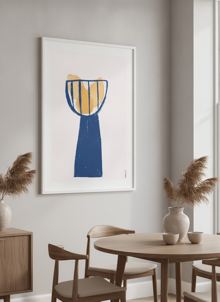 Wall art styled above a dining table in a contemporary home